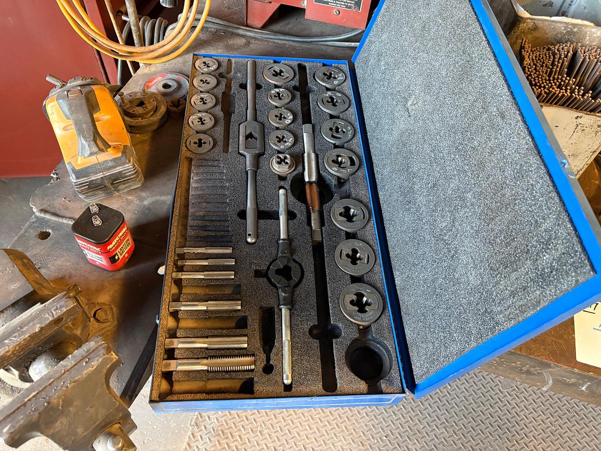 Used 8’ x 4’ x 33” metal shop table w/ contents
