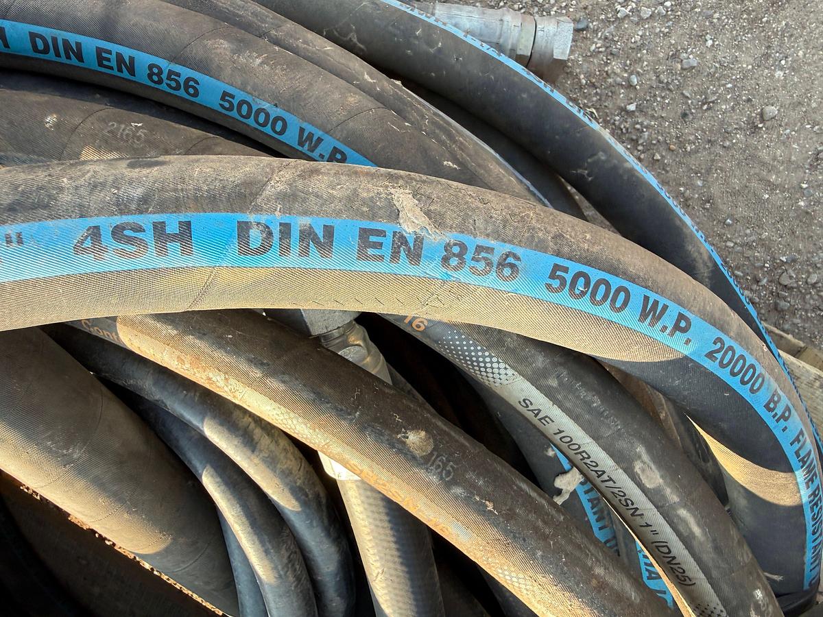 Used (2) PALLETS w/ 1-1/4” 5K WP HYD HOSES, PRESSURE WASH HOSE & LANCE, 3” SUCTION HOSE, 2” 2K WP HOSE W/ HAMMER UNIONS