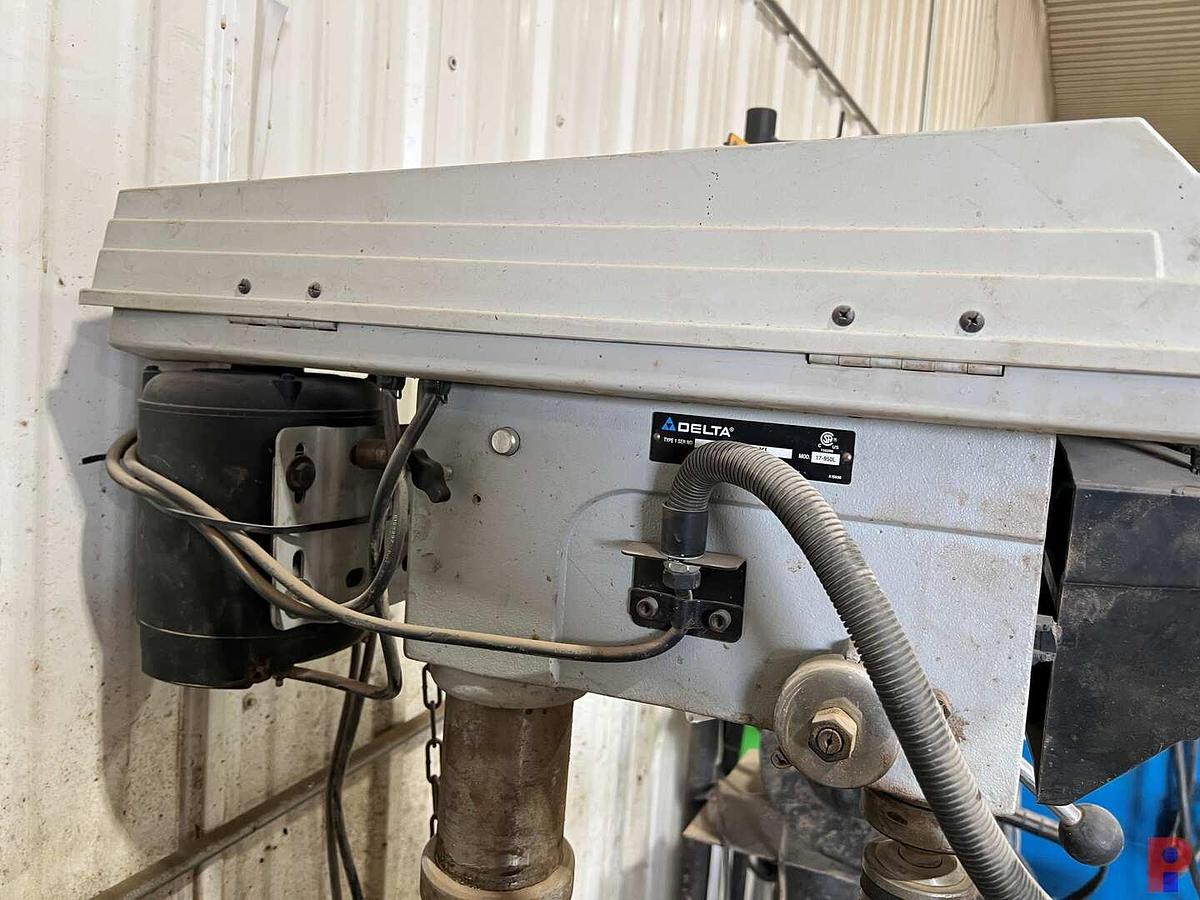 Used DELTA MODEL 17-950L DRILL PRESS, DELTA GRINDER, W/ BOLT, NUT & WASHER BIN
