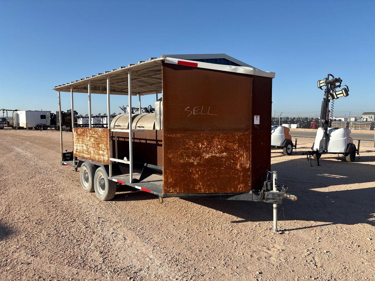 Used SHOPBUILT 18’ x 100” t/a bumper pull BBQ trailer