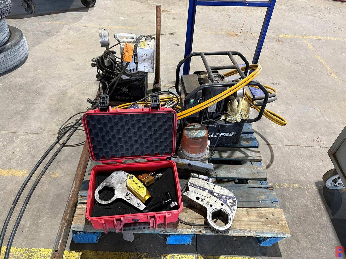 Used (2) TOATL TORQUE & EAGLE PRO 10K PSI ELECTRIC HYDRAULIC PUMPS W/ ASSORTED HYTORC WRENCHES