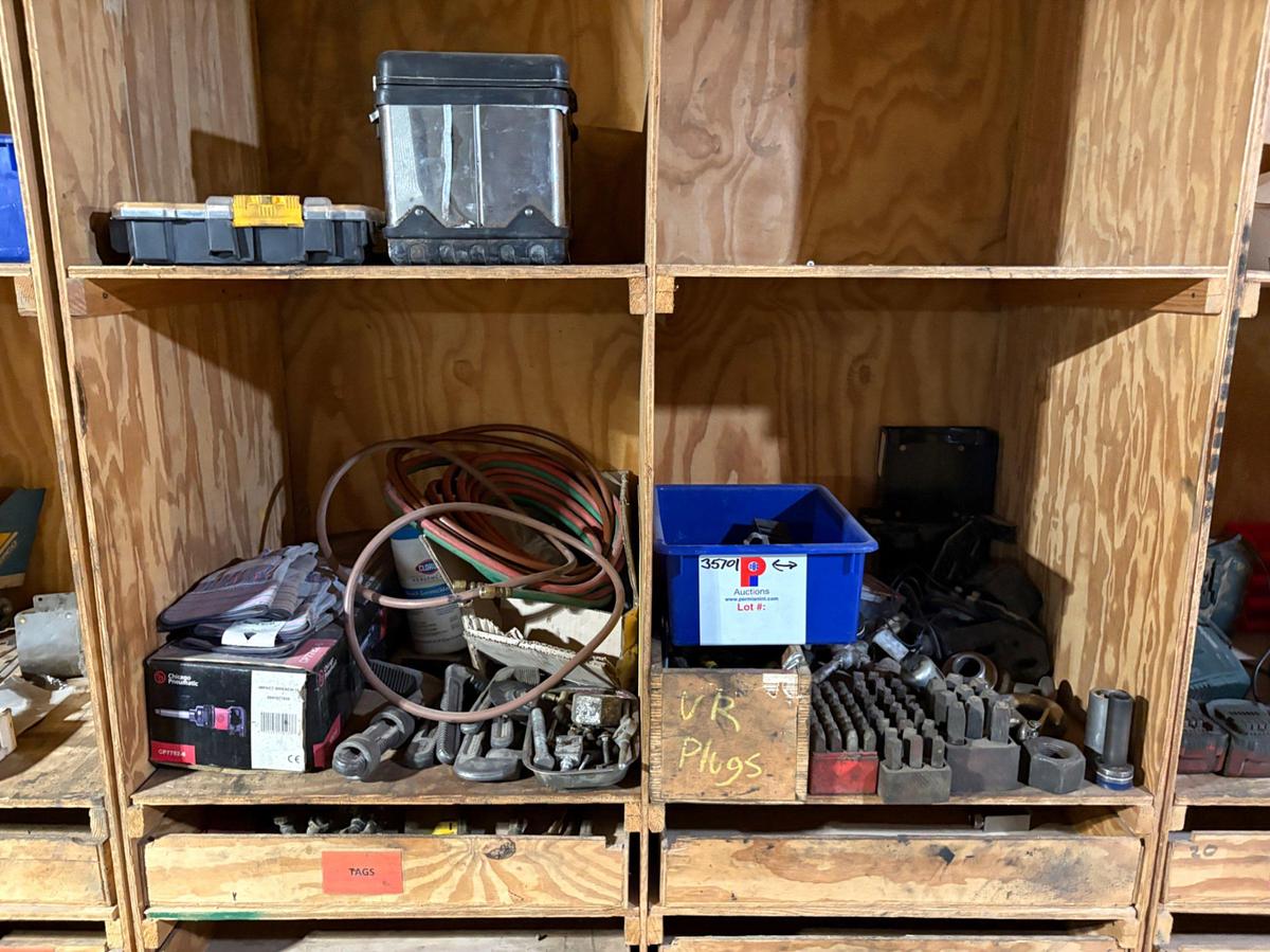 Used (6) shelves of assorted shop tools & valve parts