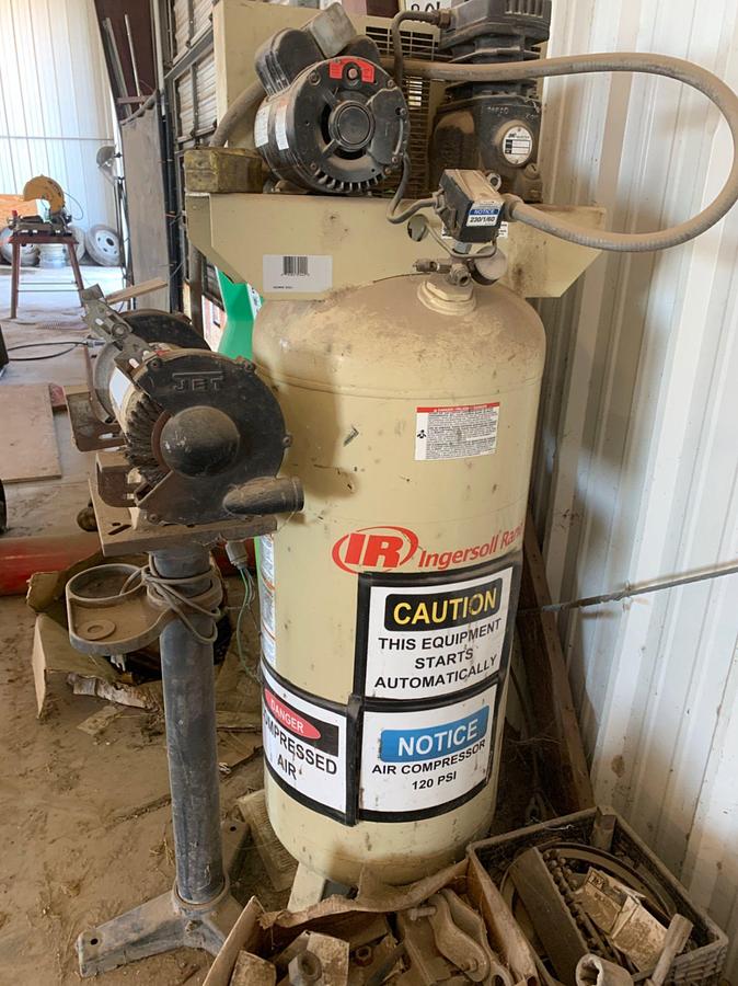 Used Ingersoll Rand 120 Gal 1 Phase Air Compressor 120 Psi and Bench Grinder w/ stand