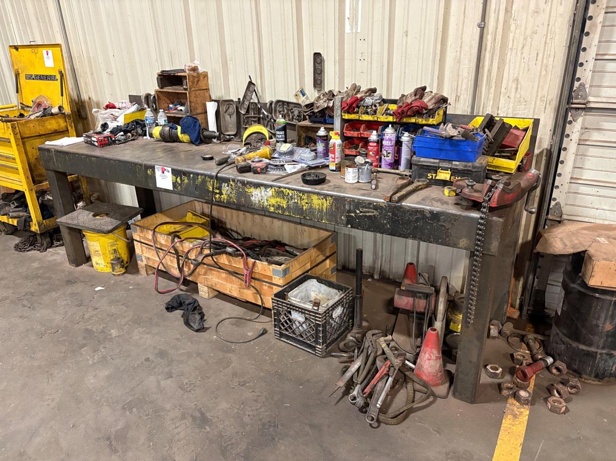 Used 10’ x 3’ x 3’ metal shop table w/ contents