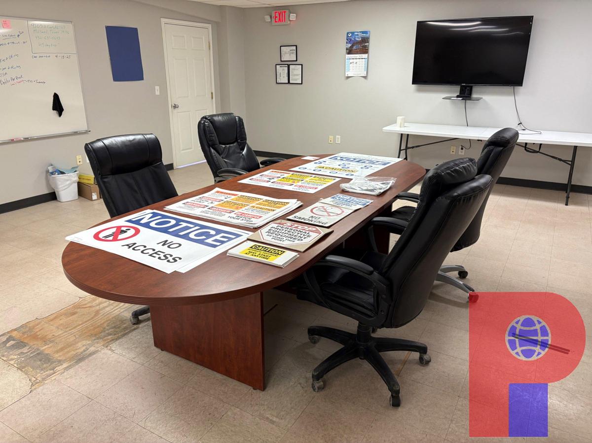 Used 9’10” X 4’ X 2’6” CONFERENCE TABLE W/ (4) CHAIRS, SAFETY SIGNS, & SAMSUNG TV