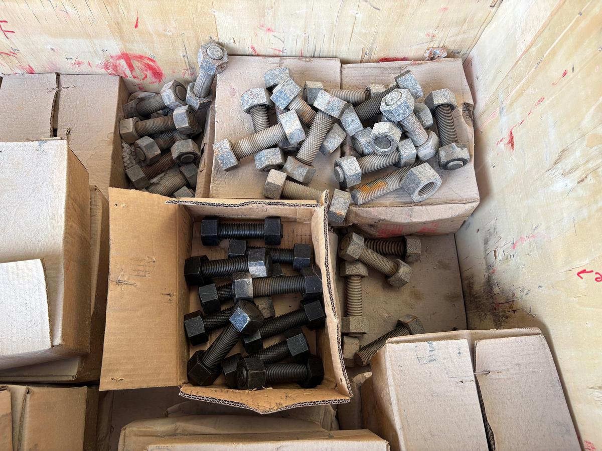 Used Crate of 1-1/4” x 6” stud bolts & (3) valve handles