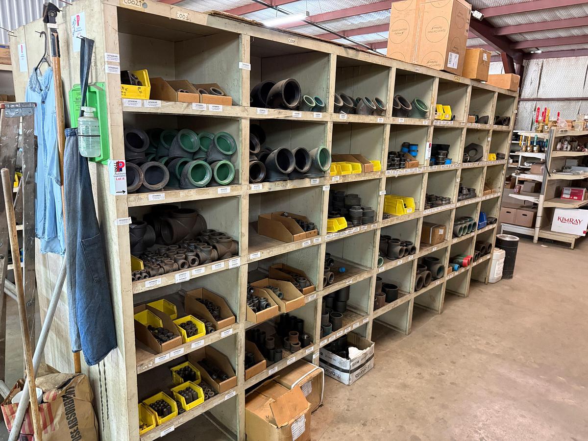Used 14’ x 2’ x 7’ 42-BIN WOOD PARTS SHELF