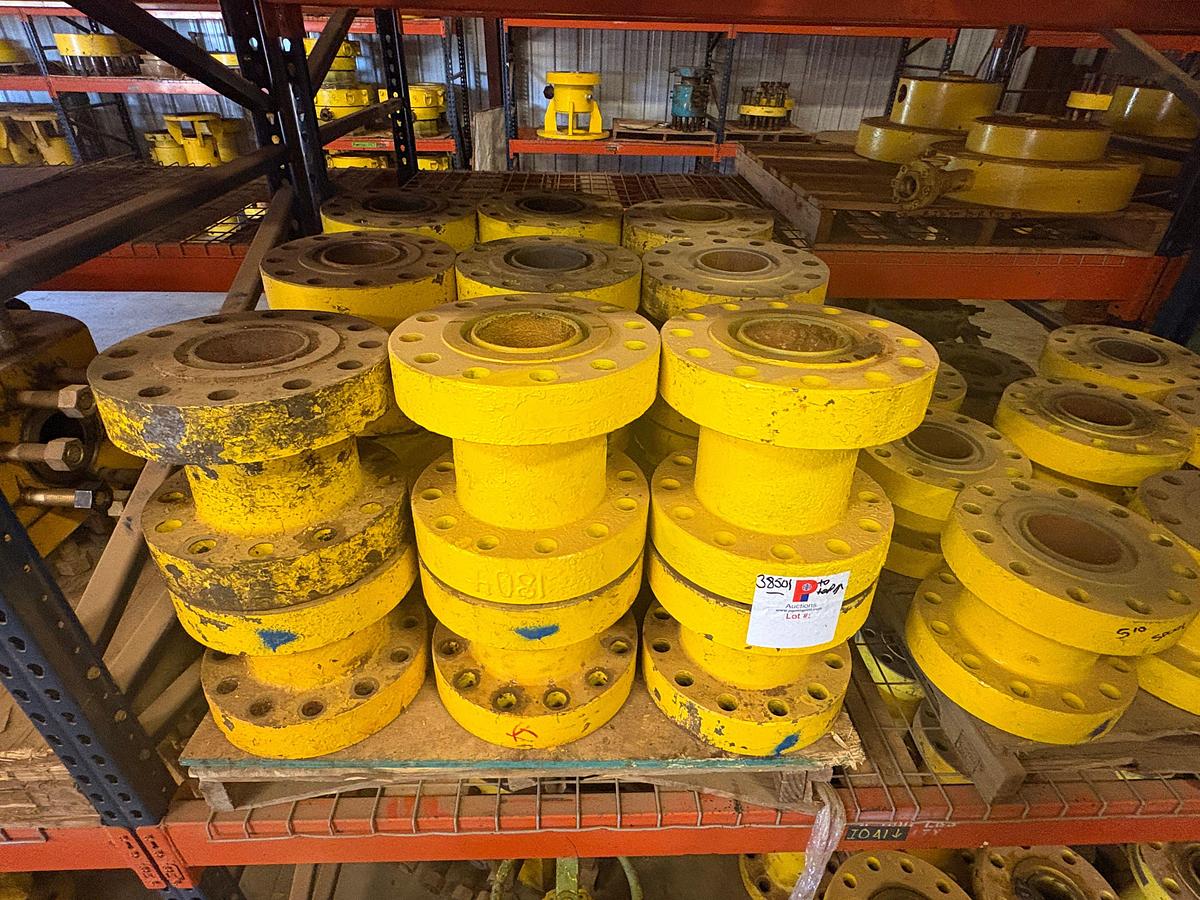 Used (25) 5” 10k spacer spools, (6) 5” 10k weco flanges, & crate w/ (8) 4” 1002 3-way fluid crosses
