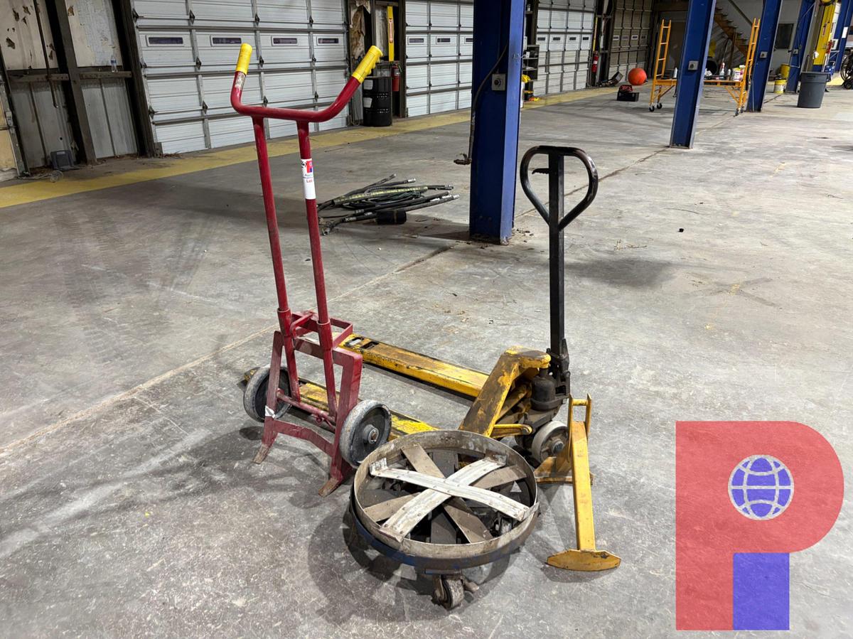 Used EL55 PALLET JACK, 2-WHEEL BARREL DOLLY, BARREL LIFT ATTACHMENT, (2) DRUM CARTS