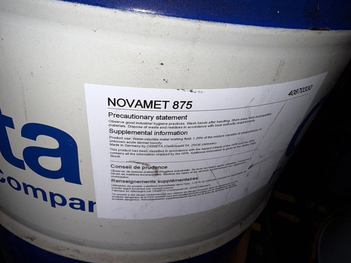 Used SECTION W/ 4- 55 GAL DRUMS & 5-Gal Pails MOSTLY FULL OF MACHINING COOLING LUBRICANTS W/ HAND PUMPS & CATCH PANS