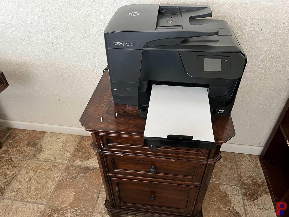 Used CONTENTS OF OFFICE THAT INCLUDE 30"X62" WOOD DESK, L-SHAPED WOOD DESK, & SEE DETAILS