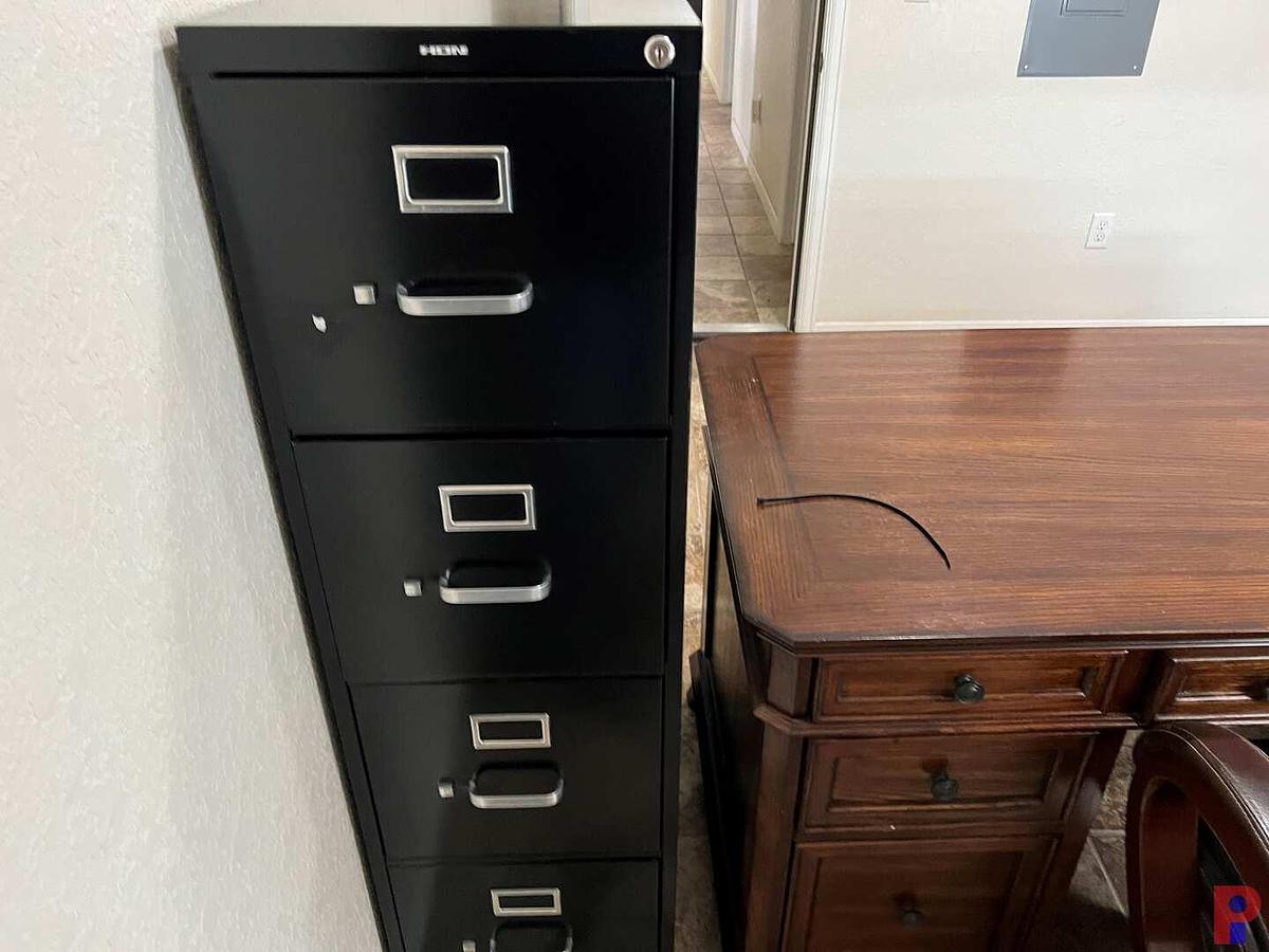 Used OFFICE CONTENTS TO INCLUDE 30"X62" WOOD DESK, 4&3 DRAWER FILE CABINETS, & SEE DETAILS