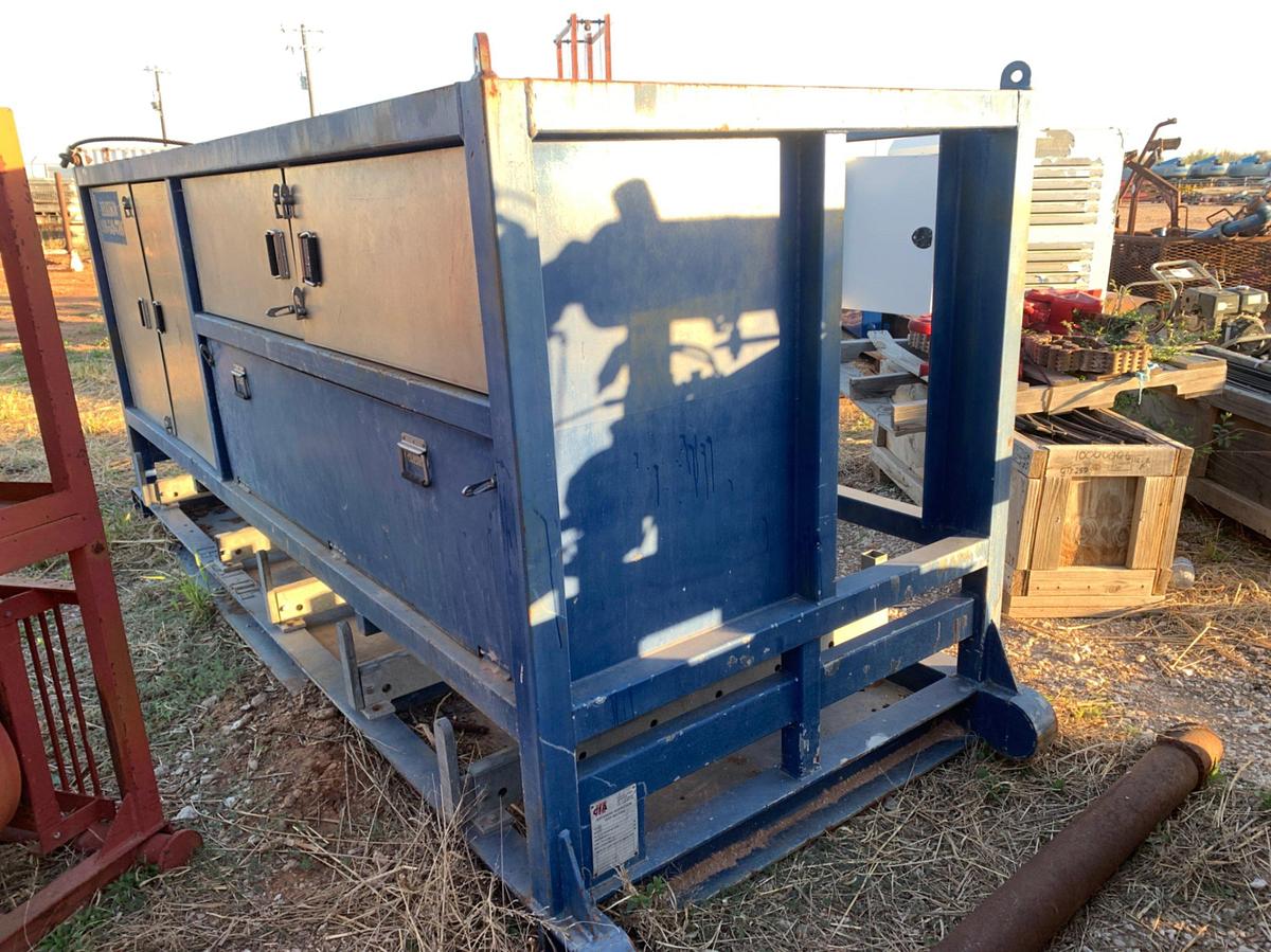 Used 11’ 5” L x 4’ W x 5’ T Skidded Tool Locker and Basket