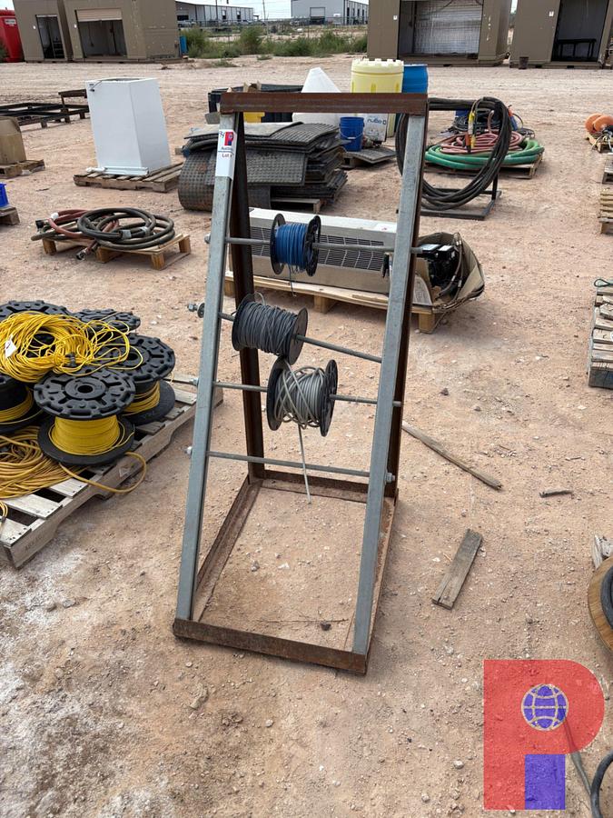 Used (3) PALLETS & (1) SPOOL RACK W/ ASSORTMENT OF ELECTRIC CABLES