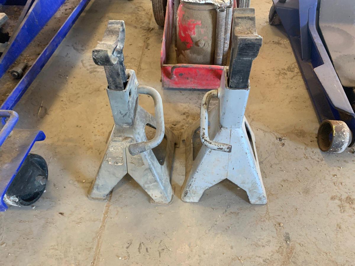 Used 1.5 Ton Transmission Jack, Air Powered Bottle Jack, and Floor Jack
