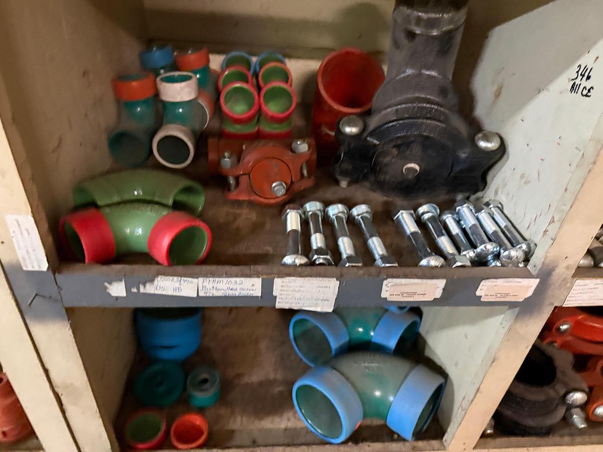 Used SECTION OF MOSTLY HEAVY WALL PVC & STEEL FITTINGS, VICTAULIC COUPLERS, SWAGES, COLLARS, NIPPLES, (3) 2” JAYCO VENT VALVES