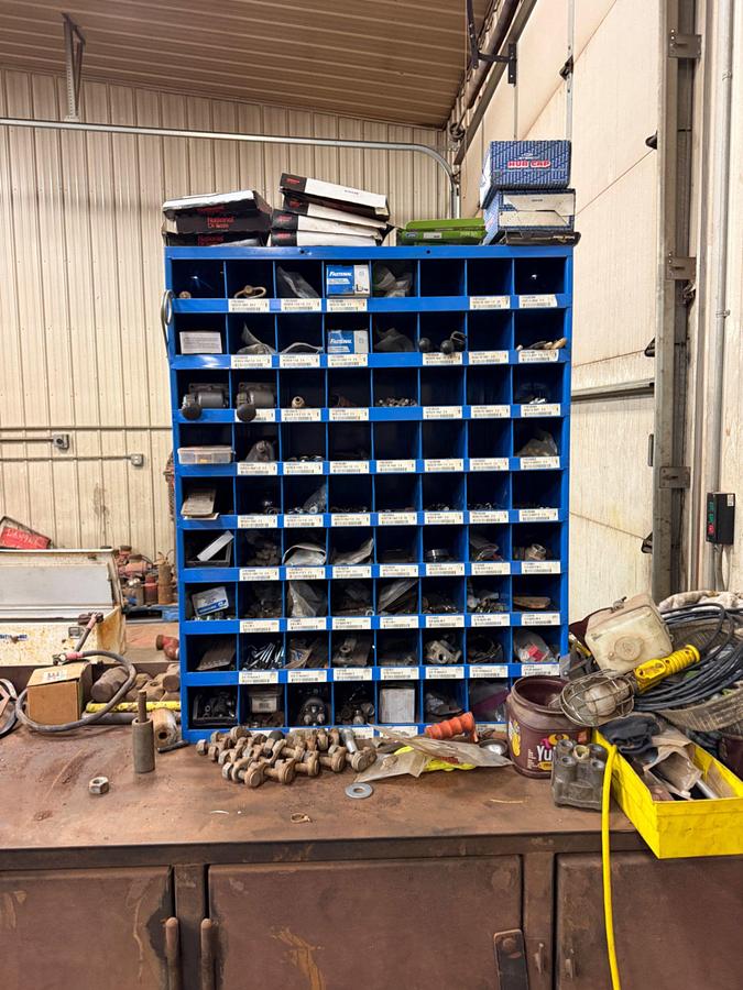 Used Heavy duty Work Bench, Drill Press & Bolt Bin w/ Contents