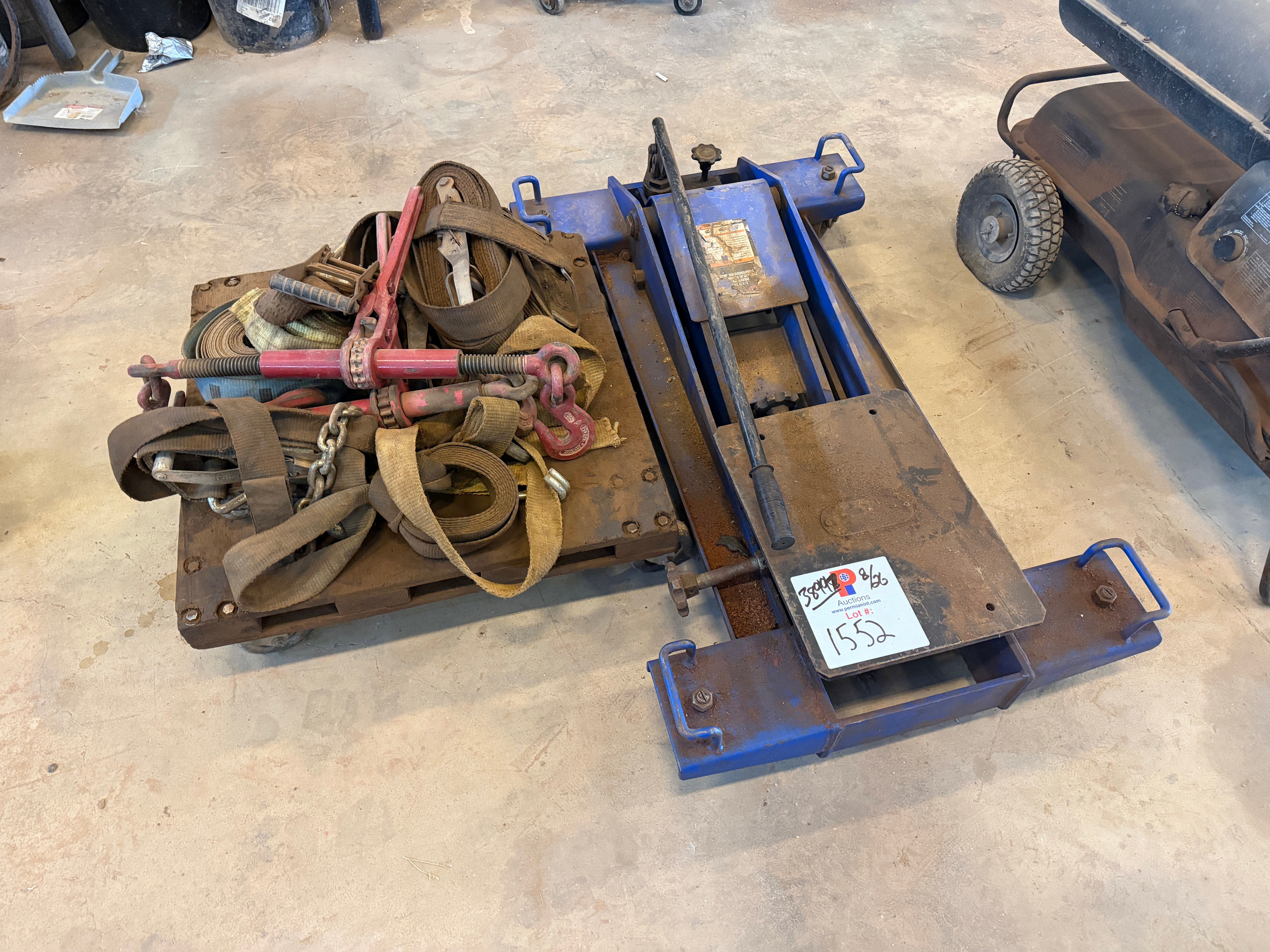 Used (1) 1-1/2 TON TRANSMISSION JACK, 4-WHEEL FLAT DOLLEY, STRAPS, & BINDERS