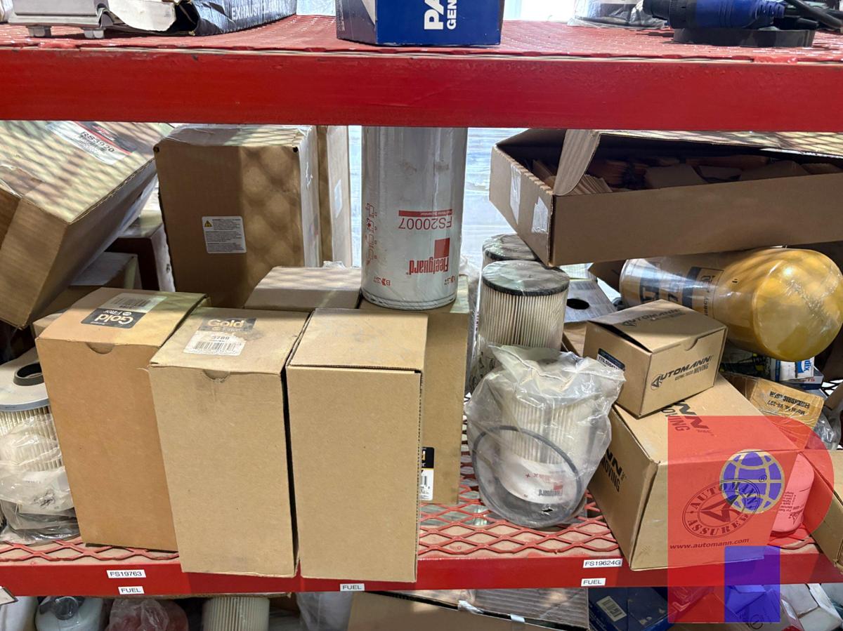 Used (2) 16’ X 2’ X 5’ SHELVES W/ OIL & AIR FILTERS, BELTS, ROLLER CHAINS, MISC. CONTENTS