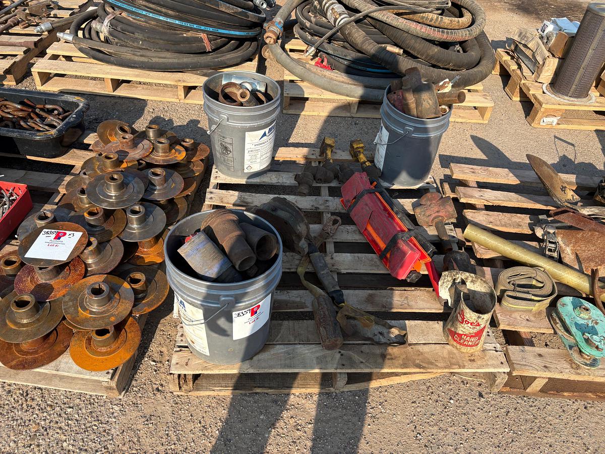 Used (3 pallets) w/ shovels, 7-7/8”od x 1-1/8” Id drive hubs, u-bolts, hose fittings, etc.