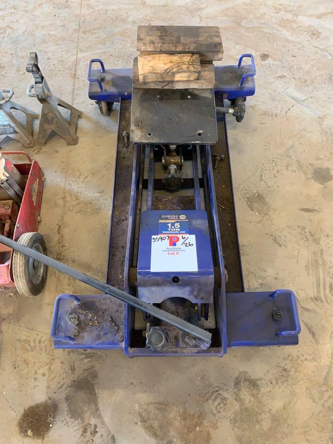 Used 1.5 Ton Transmission Jack, Air Powered Bottle Jack, and Floor Jack