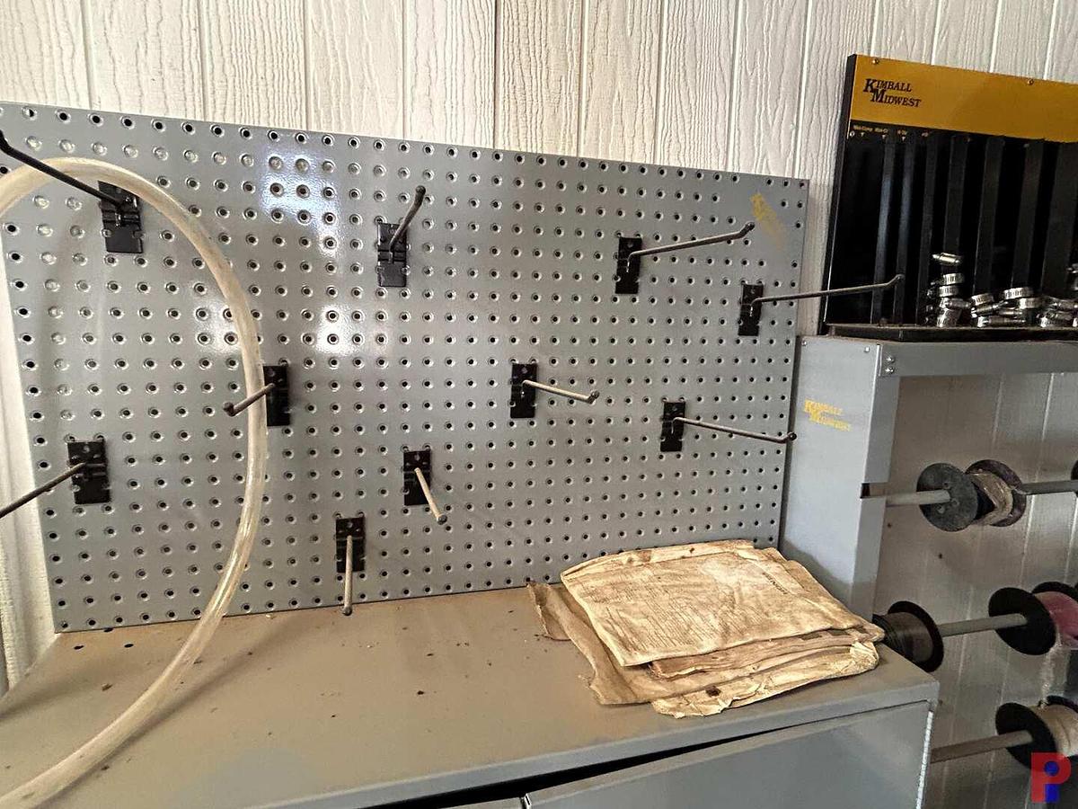Used KIMBALL MIDWEST 2-DOOR CABINET, (2) 5-ROW FITTING BINS , WIRE SPOOL RACK, PEG BOARD, HOSE CLAMP RACK, BITS, W/ CONTENT (SEE PICS