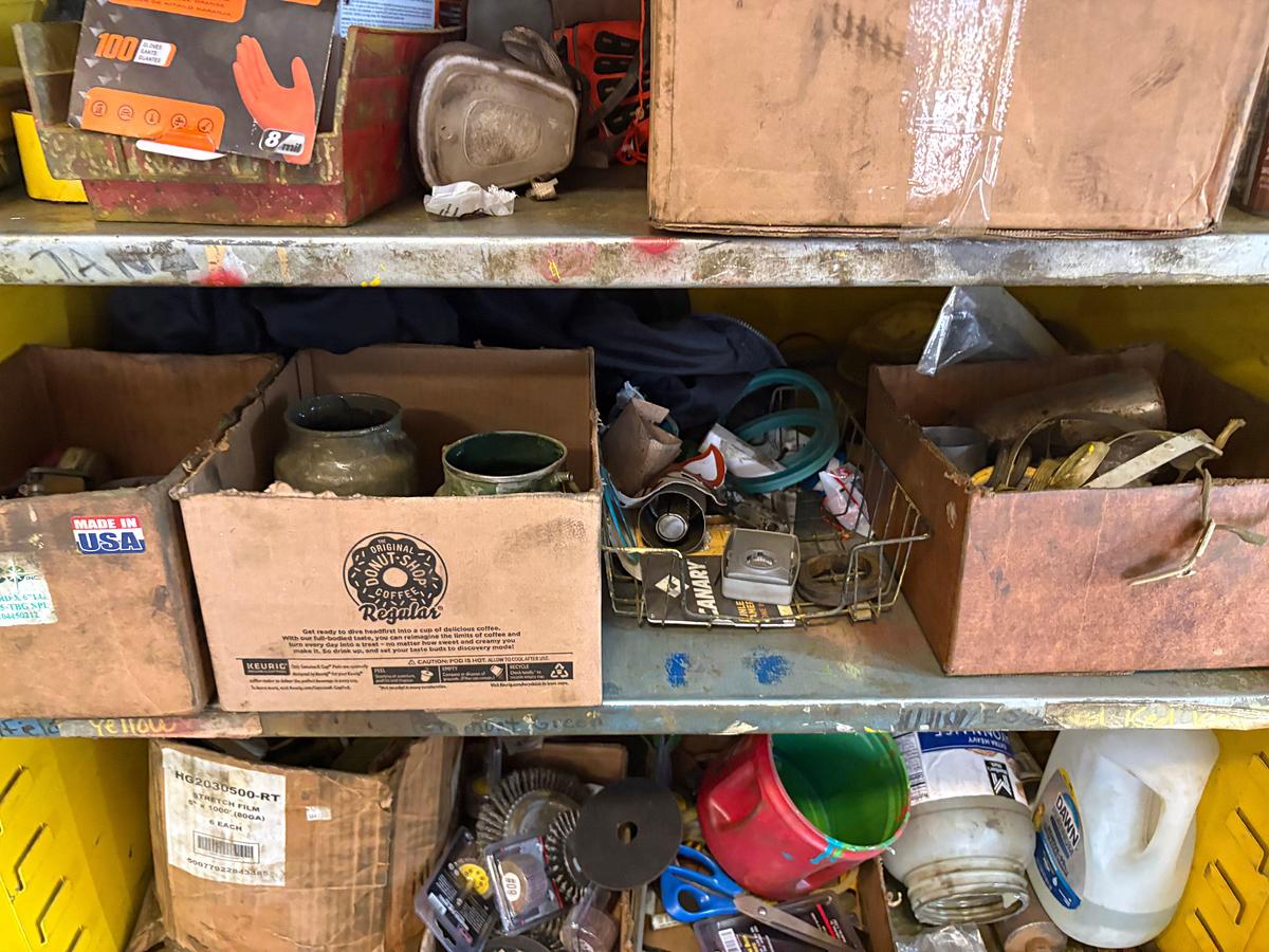 Used 40” x 32” x 40” shop table & (2) paint storage cabinets w/ contents