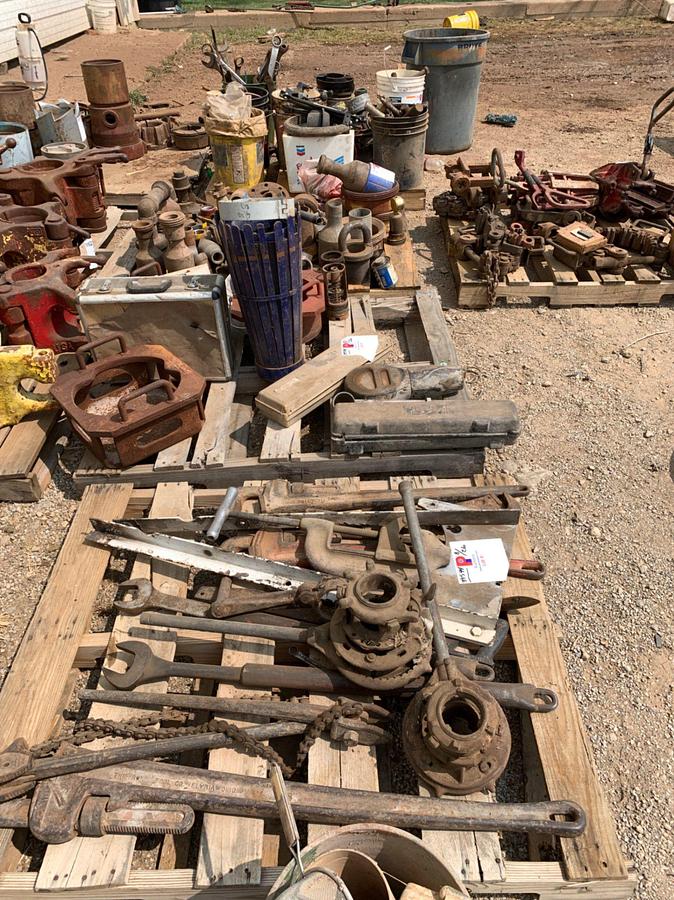 Used (4) Pallets of Wrenches, Pipe Wrenches, 5-1/2 Basket, 1002 Fittings, Bolts, and Pneumatic Controls