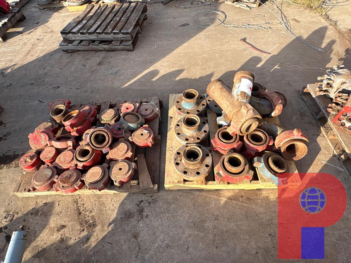 Used (2) PALLETS W/ 4” WECO FLANGES, 4” 1502 “Y”, 4” 1002 ELBOWS, 4” 1502 & 1002 HAMMER UNIONS