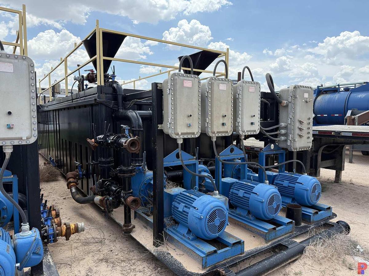 Used 35’L X 10’W X 6.5’H 4-COMPARTMENT 260 BBL MIXING TANK P/B (3) 75 HP ELECTRIC MOTORS