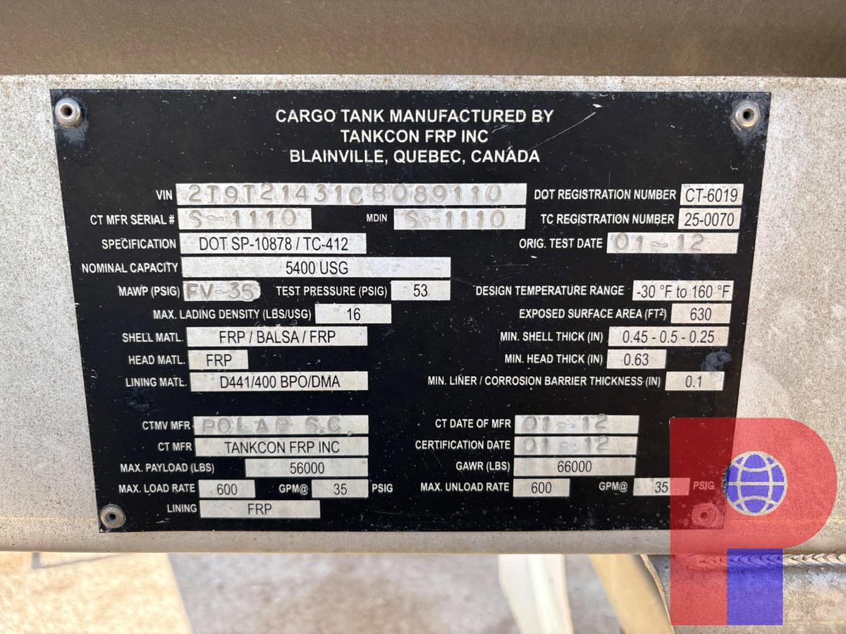 Used 2012 TANKCON  5,400 GALLON T/A CHEMICAL TRANSPORT TRAILER