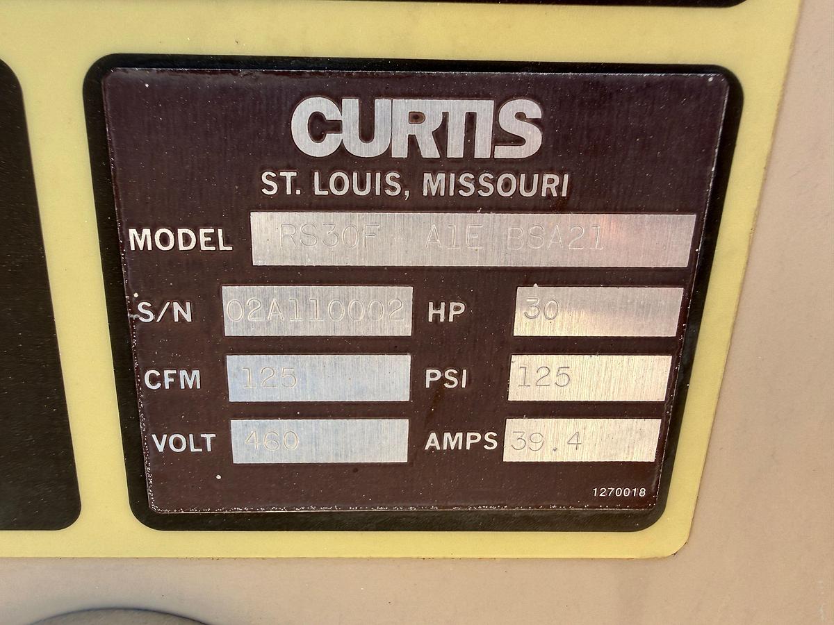 Used CURTIS-TOLEDO MODEL RS30F, 125-CFM / 125-PSI ROTARY SCREW INDUSTRIAL AIR COMPRESSOR P/B 30-HP ELECTRIC MOTOR MTD ON SKID