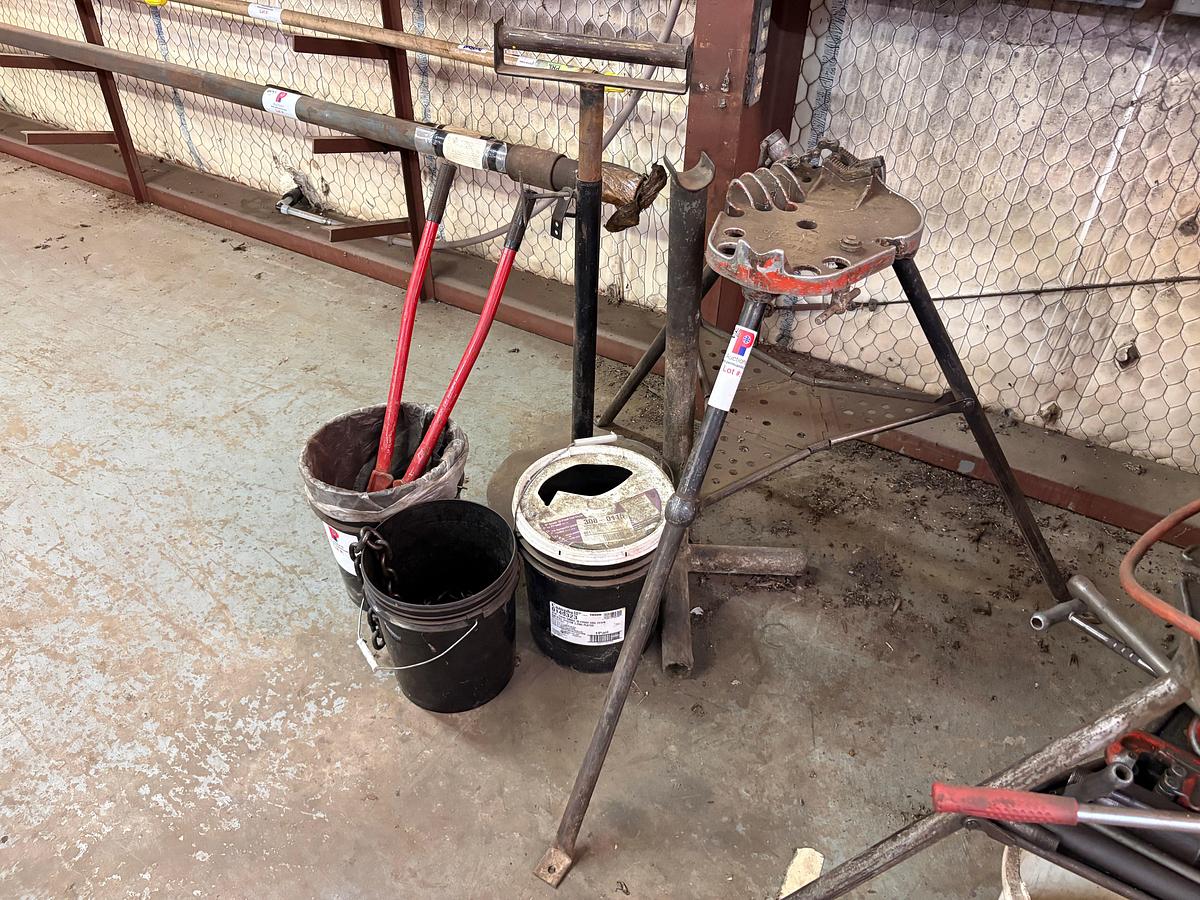 Used (3) buckets w/ 3/16” to 7/16” chain, set of bolt cutters, ridgid chain vise, roller stand