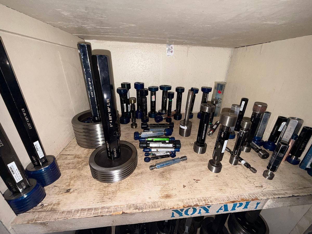 Used LOT W/ CONTENTS OF GAUGE ROOM INCLUDING (50+) (UNUSED) IN-ACT & NON API UP TO 11” THREAD GAUGE & METAL LOCKERS