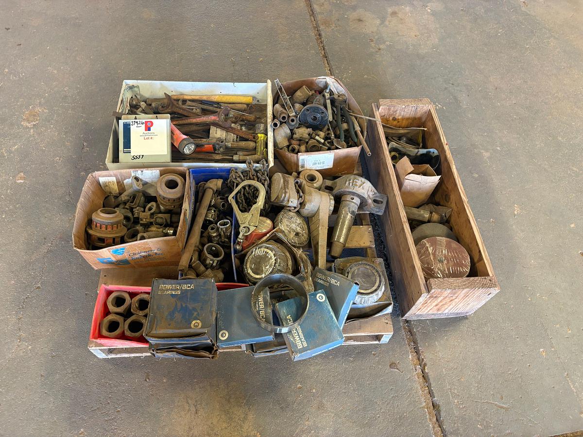 Used Pallet of assorted hose fittings, hex nuts, bower bearings, pillow block bearing, files, etc.
