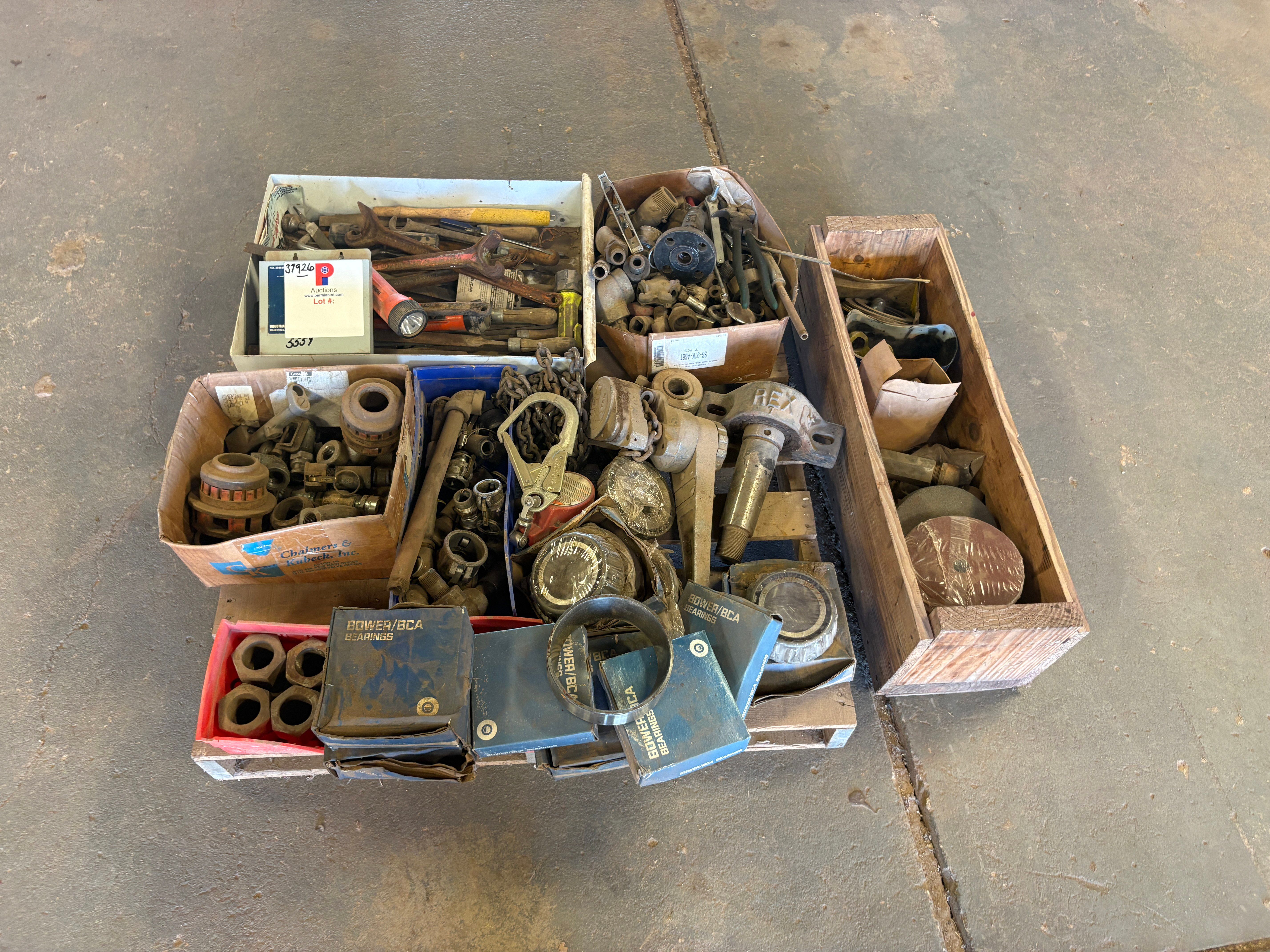 Used Pallet of assorted hose fittings, hex nuts, bower bearings, pillow block bearing, files, etc.