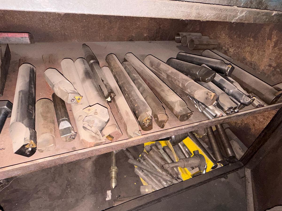Used 8’x2.6’x3.6’ METAL ROLLING TOOL CABINET & WORK BENCH W/ LATHE TOLLING CONTENTS