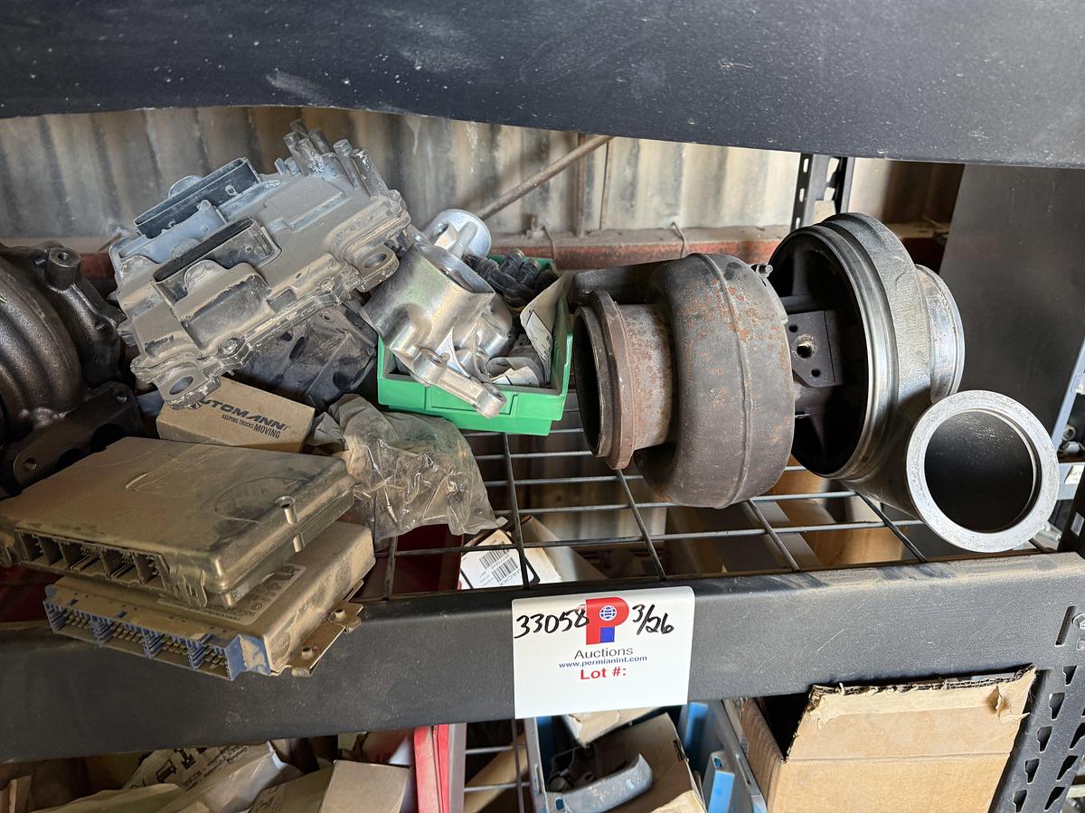 Used 77”L X 24”W X 78”H 4-SHELF RACK W/ ENGINE PARTS & RELATED