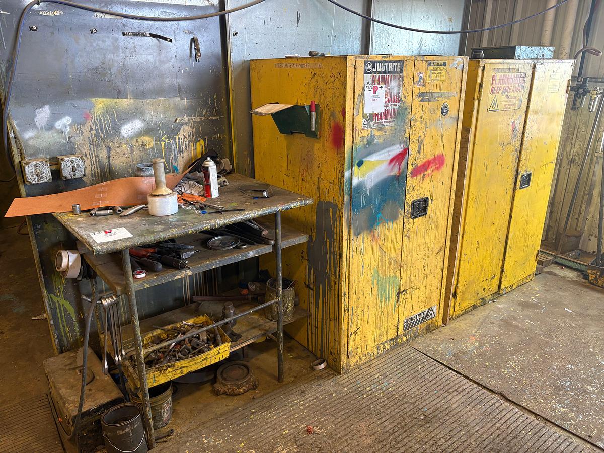 Used 40” x 32” x 40” shop table & (2) paint storage cabinets w/ contents
