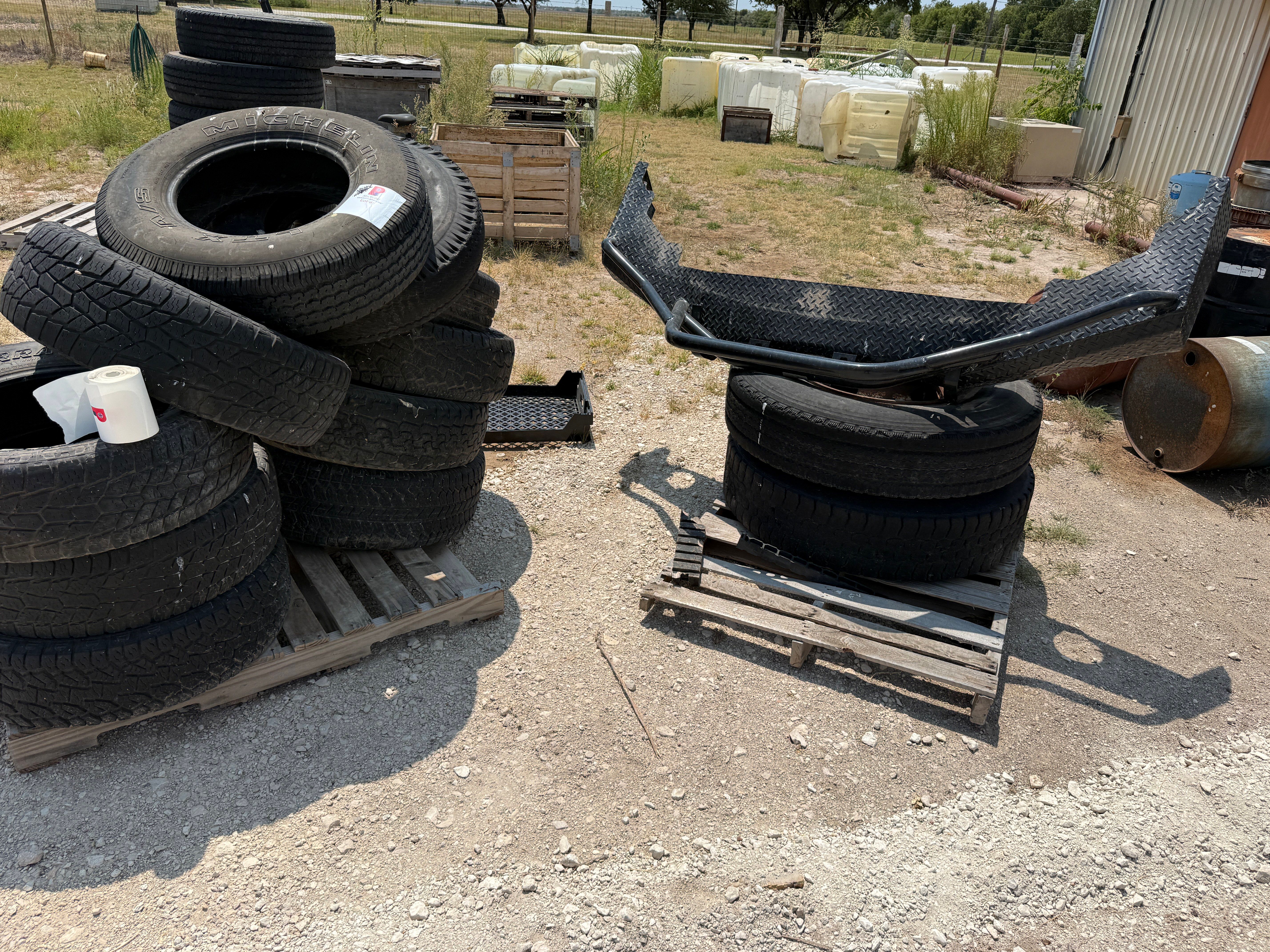 Used LOT W/ (15) VARIOUS TIRES & WHEELS, PILE OF OLD PUMP TUBES, RODS, SUBS, MISC METAL