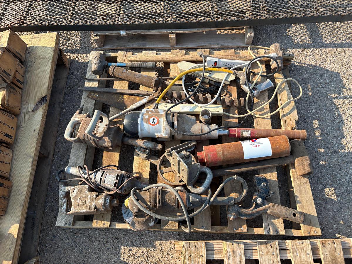 Used Pallet w/ (3) pneumatic impact wrenches, electric angle grinders, & assorted hand tools