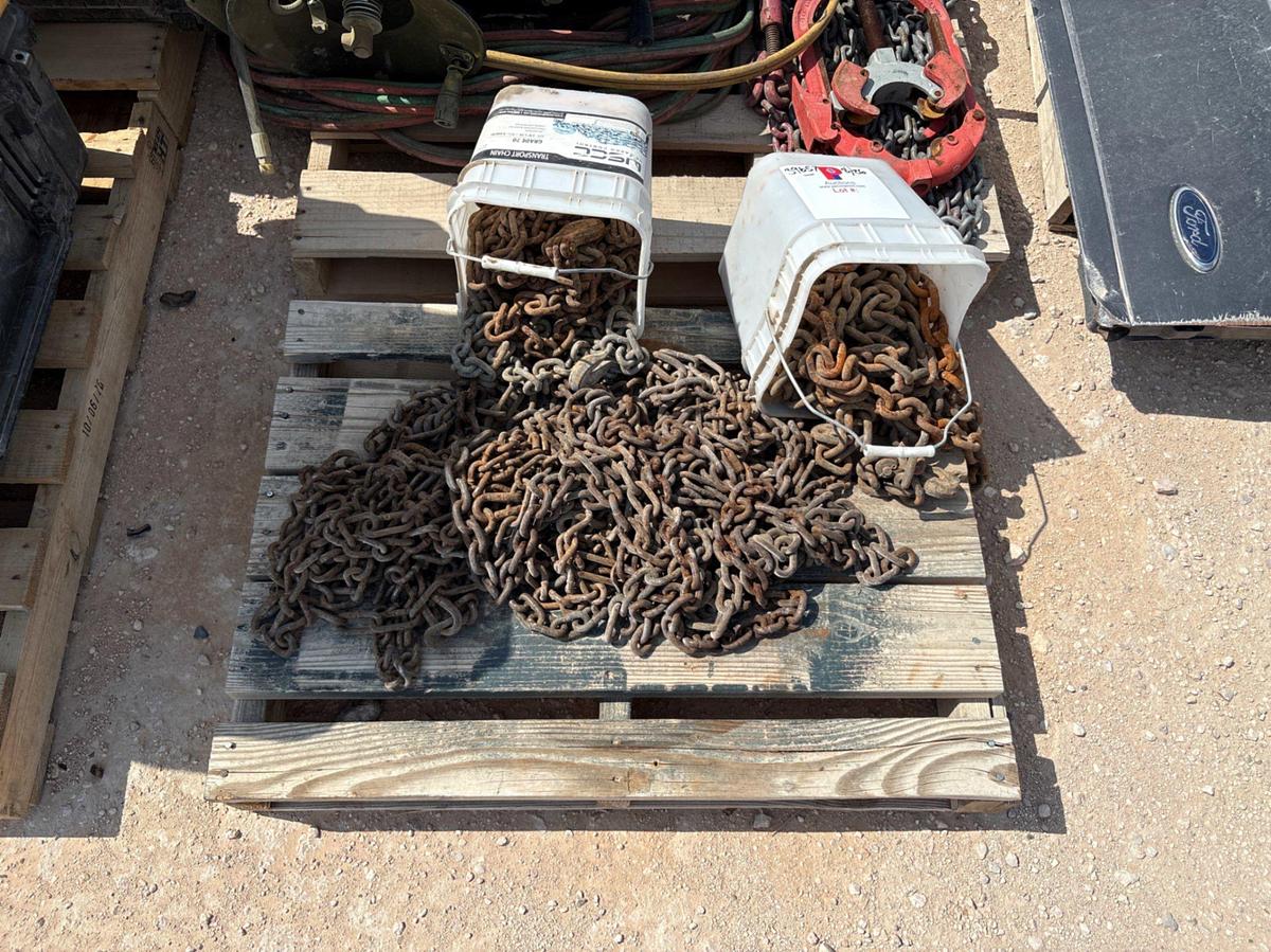 Used (3 pallets) w/ assorted chains, oxygen/acetylene hoses, F-250 super duty tailgate, leaf blower, pallet jack, etc