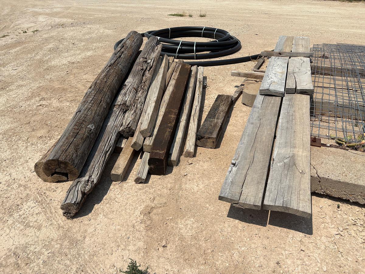 Used (2) rolls 330’ x 48” & (2) rolls of 330’ x 38” galvanized fence, assorted wooden posts, 3” poly pipe, etc