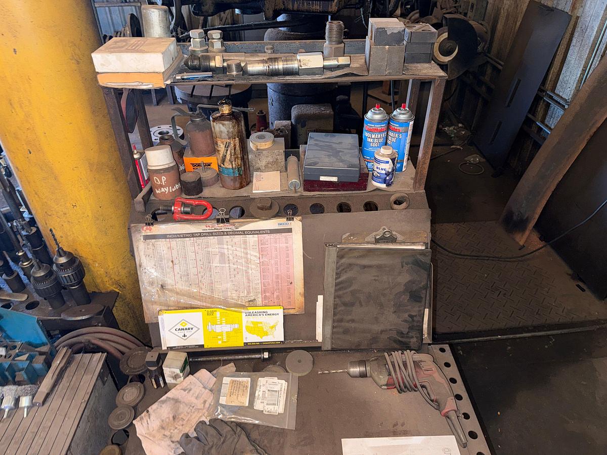Used SECTION OF (4) TOOL RACK/ TABLES / ROLLING / CART W/ CONTENTS OF RADIAL ARM DRILL PRESS TOOLING & RELATED