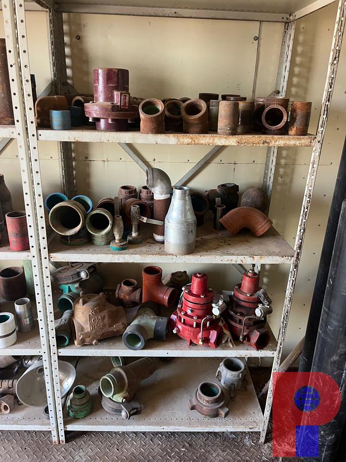 Used (3) SHELVES W/ ASSORTED PIPE SWAGES, FITTINGS, FLOAT VALVES, ETC.