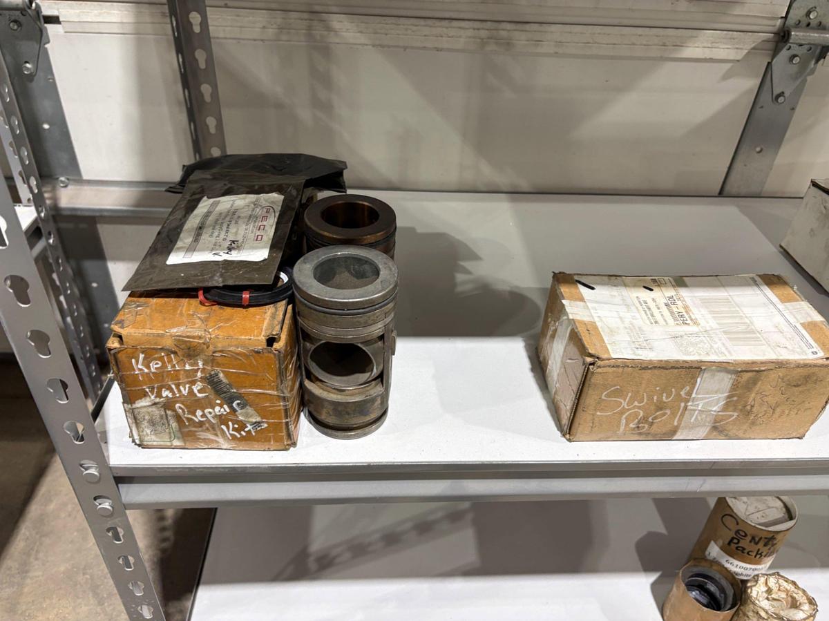 Used Shelving unit w/ (UNUSED) XK-90 & Logan swivel parts, stabbing guides, Kelly valve kits, guages, etc