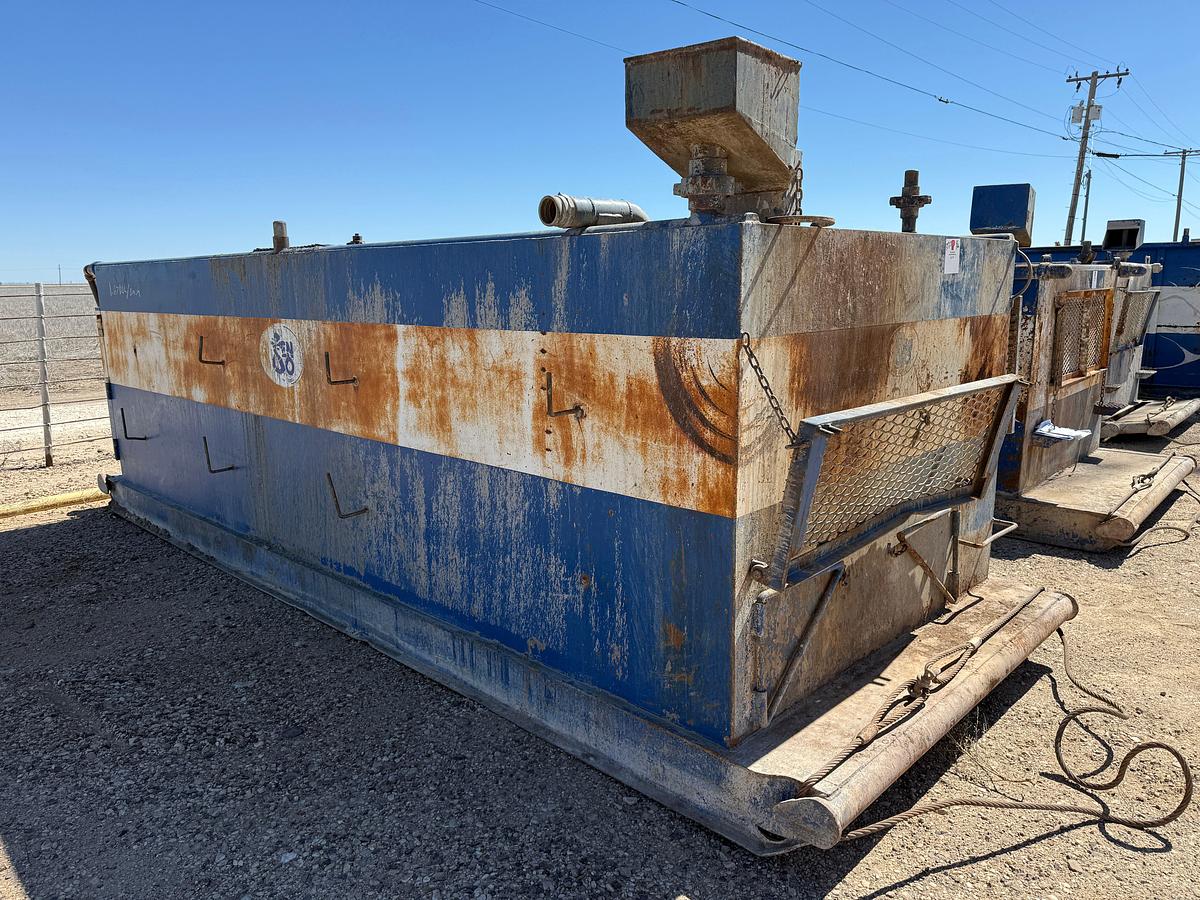 Used 100 BBL 17.9’ X 6.7’ X 5’ 2-COMP. REVERSE PIT TANK W/ IRON & HOSE RACK