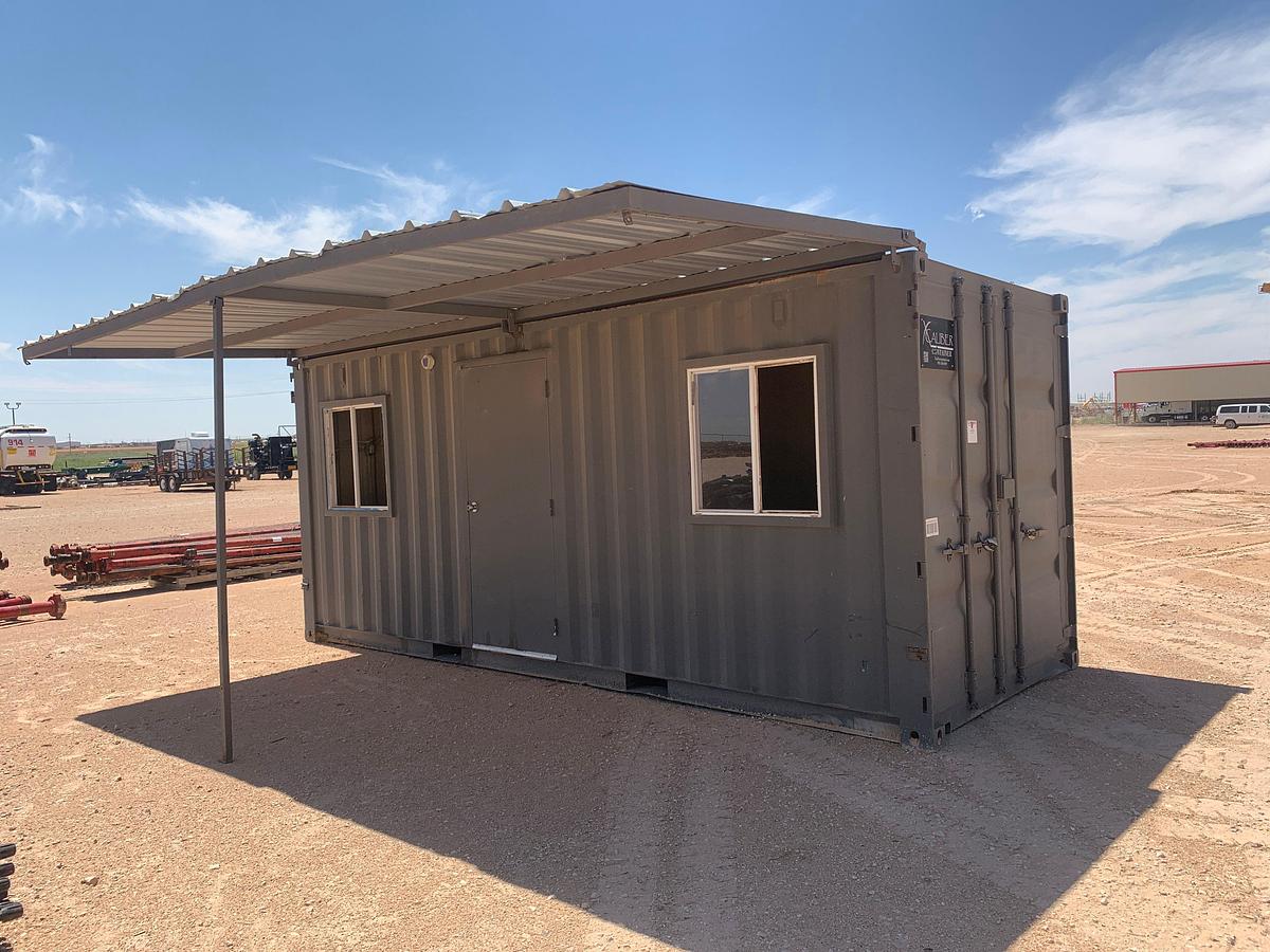 Used 20' L X 8’ W SEA CONTAINER OFFICE WITH PORCH SHADE