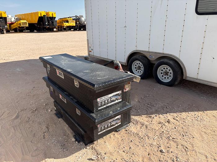 Used WEATHERGARD L-SHAPED FUEL TANK W/ TRANSFER PUMP, HOSE, & (2) LOW PROFILE TRUCK TOOLBOXES