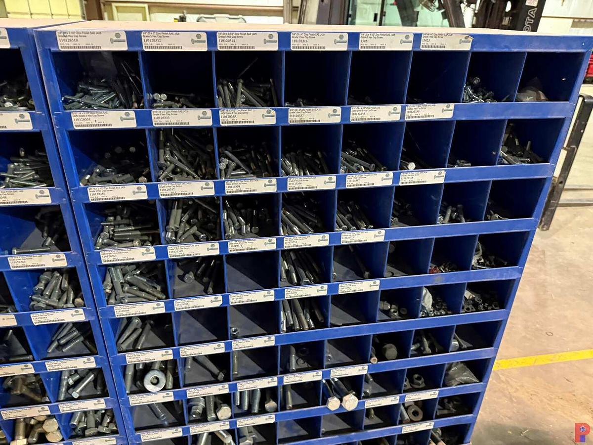 Used (2) 72-BIN STORAGE FOR BOLTS W/ CONTENTS, (1) 36”STAND UP METAL DESK, (1) 18-BIN STORAGE, (2) METAL STANDS